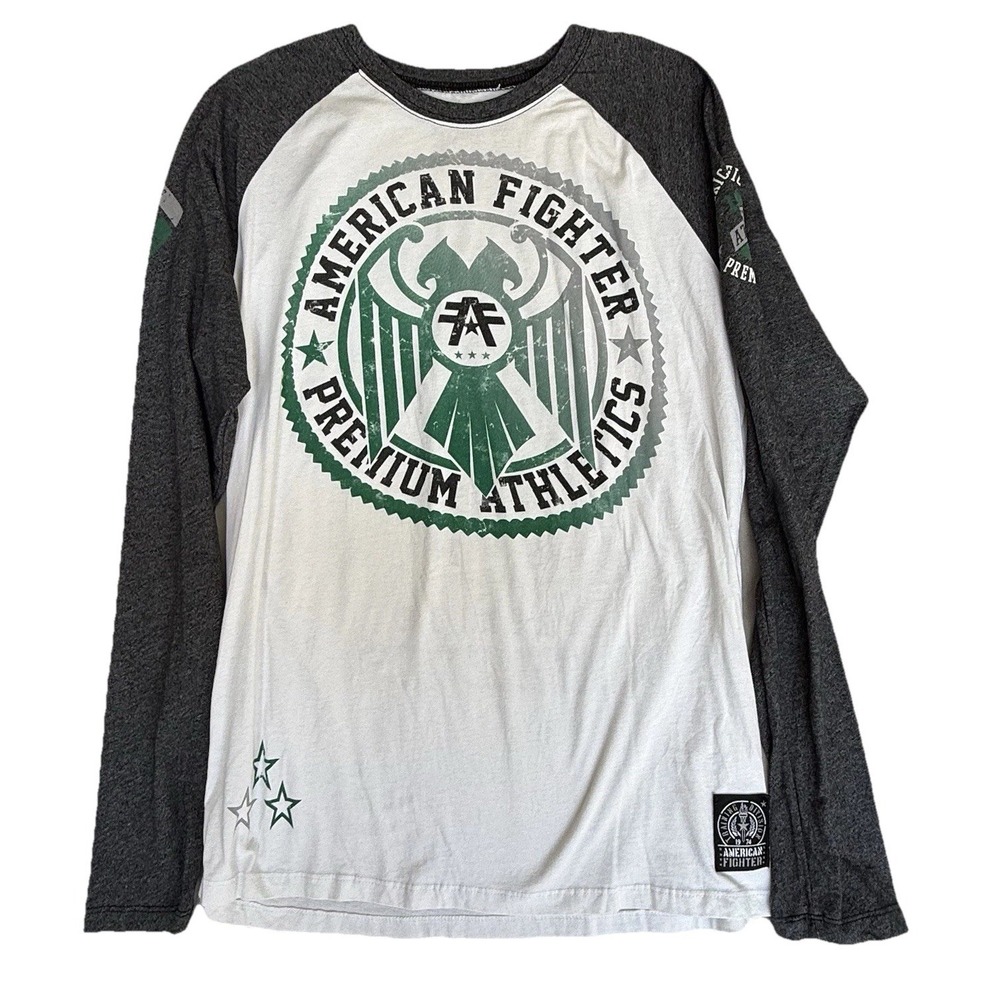 Affliction American‎ Fighter Mens Shirt XL White Gray Long Sleeve